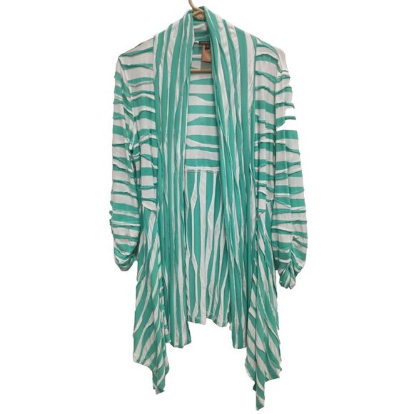 Multiples Womens Wearable Art Cardigan Medium Green White Striped Textured - Picture 1 of 7